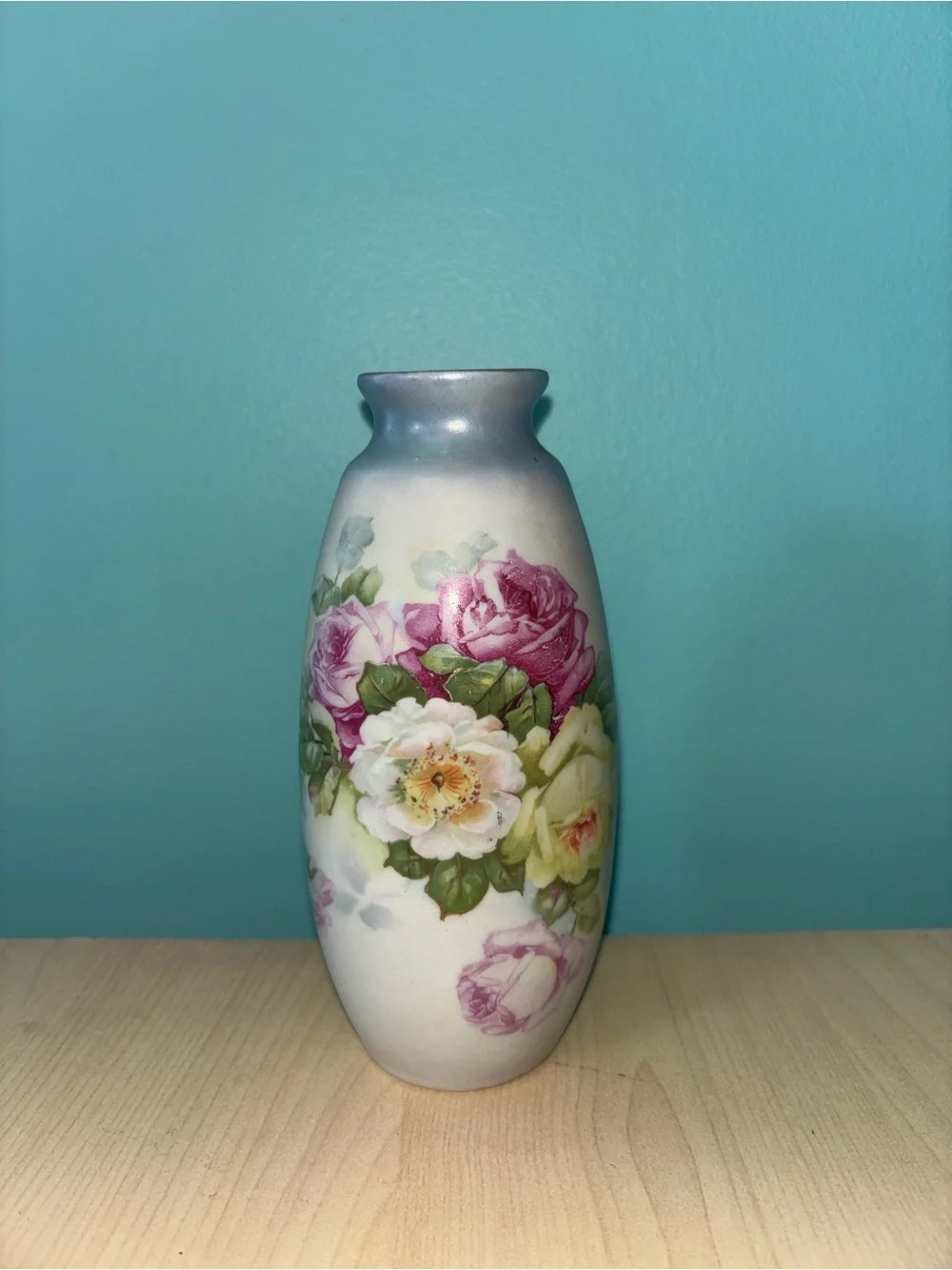 Floral Porcelain Vase in White with Pink and Green Rose Design